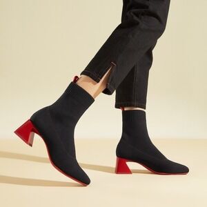 Vivaia Black Sock Boots Red Block Heel Pointed Toe Ankle Bootie Women Size 9-9.5